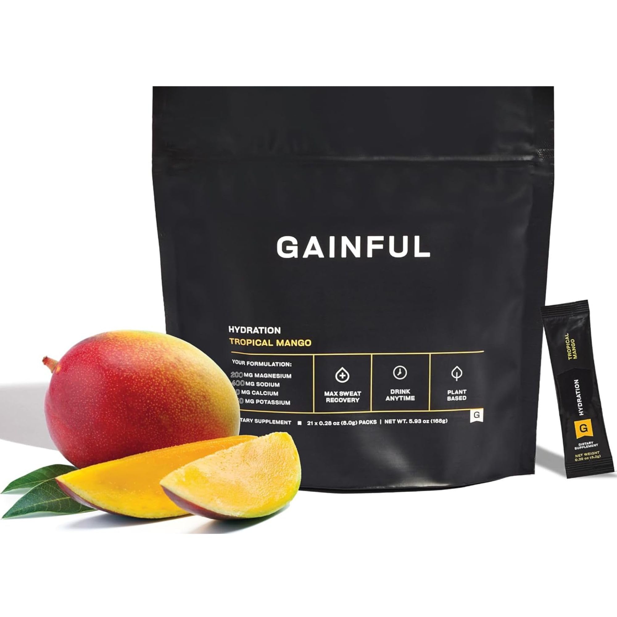 Gainful Hydration tropical mango packets in a 21-stick box ready for on-the-go hydration.