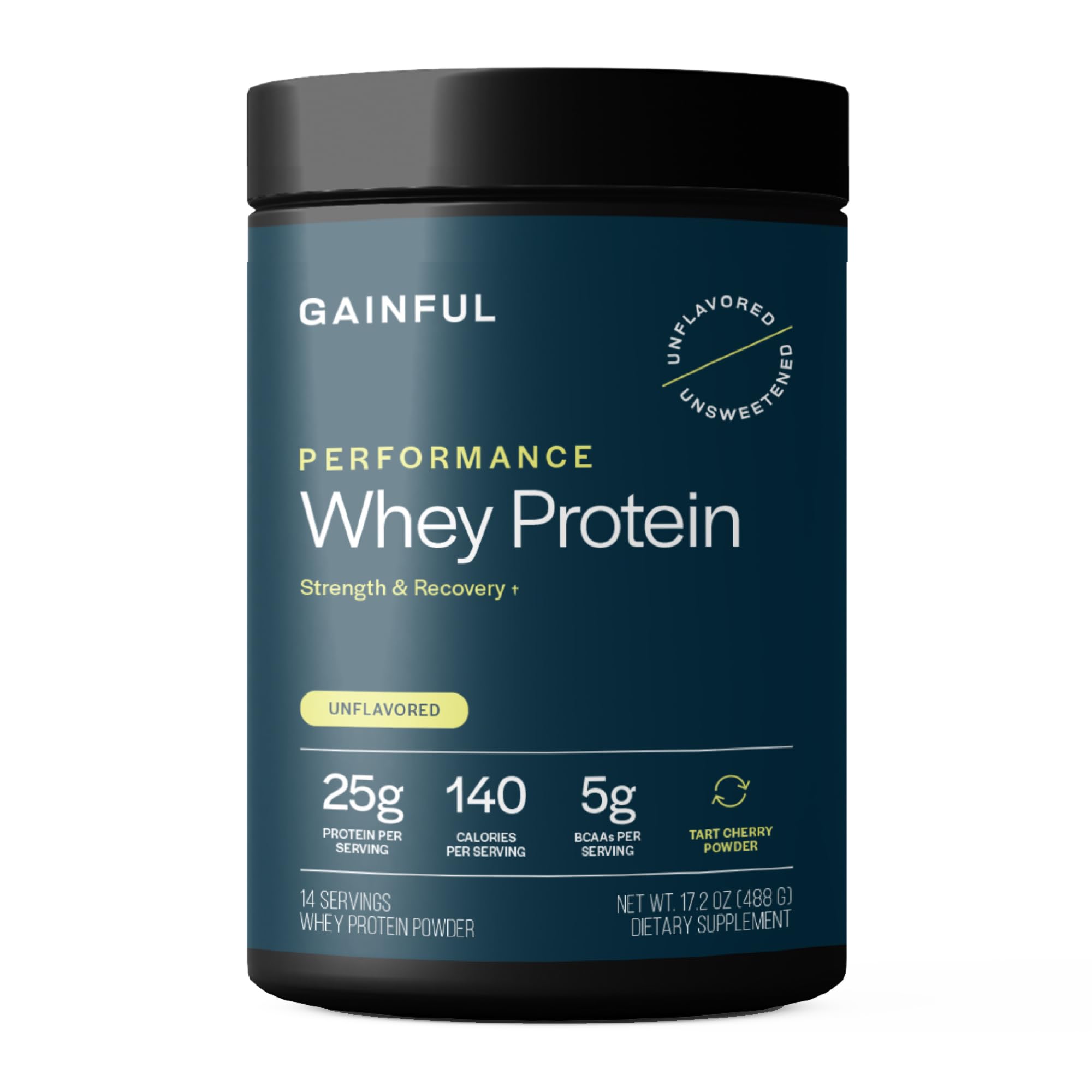 Gainful Performance Whey Protein Powder bottle closeup highlights versatile unflavored formula