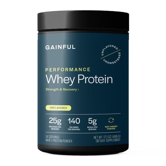 Gainful Performance Whey Protein Powder bottle closeup highlights versatile unflavored formula