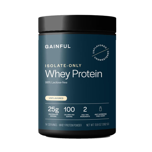 Gainful Whey Protein Isolate unflavored bag; versatile protein for lean muscle.