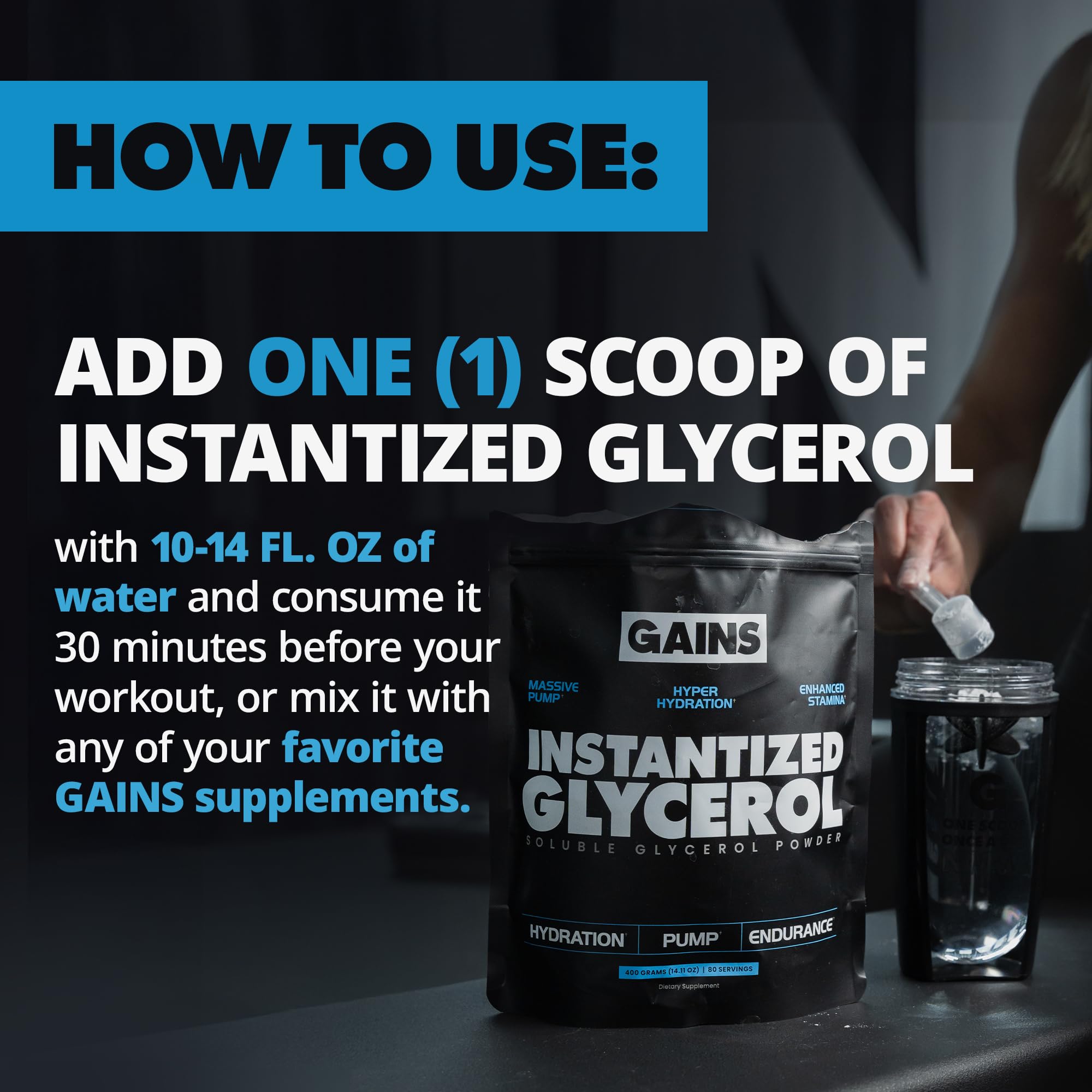 Gains in Bulk glycerol powder being mixed in a shaker for training