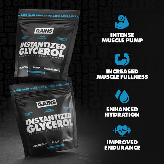 Gains in Bulk glycerol powder scoop beside water for pre-workout hydration