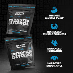 Gains in Bulk glycerol powder scoop beside water for pre-workout hydration