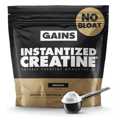 Gains in Bulk Instantized Creatine bottle showing fast dissolve for lean gains.