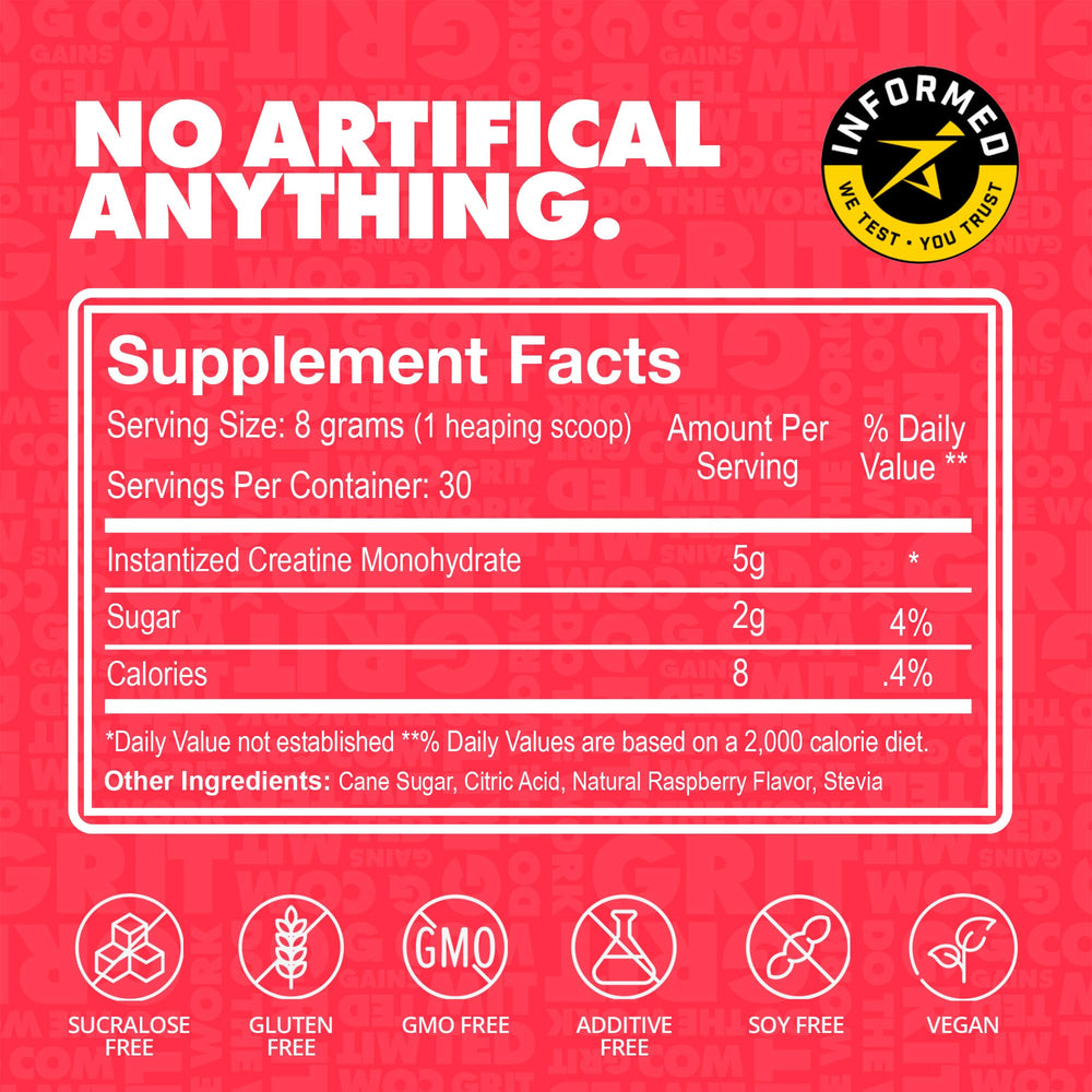 Gains in Bulk Instantized Creatine powder close-up reveals fine texture