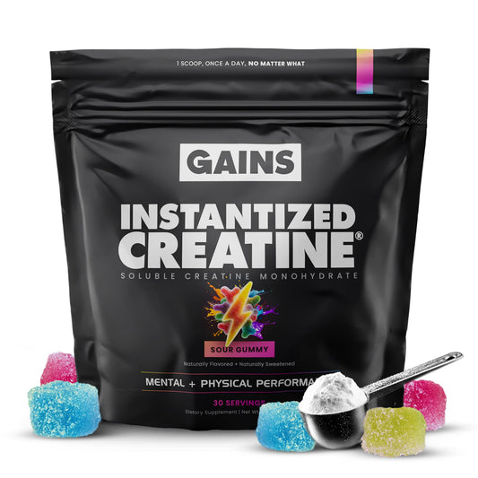 GAINS IN BULK instantized creatine powder jar showing complete solubility for smooth shakes.