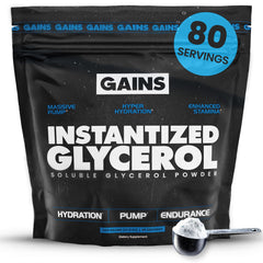 Gains in Bulk instantized glycerol powder bottle showing hydration focus for workouts