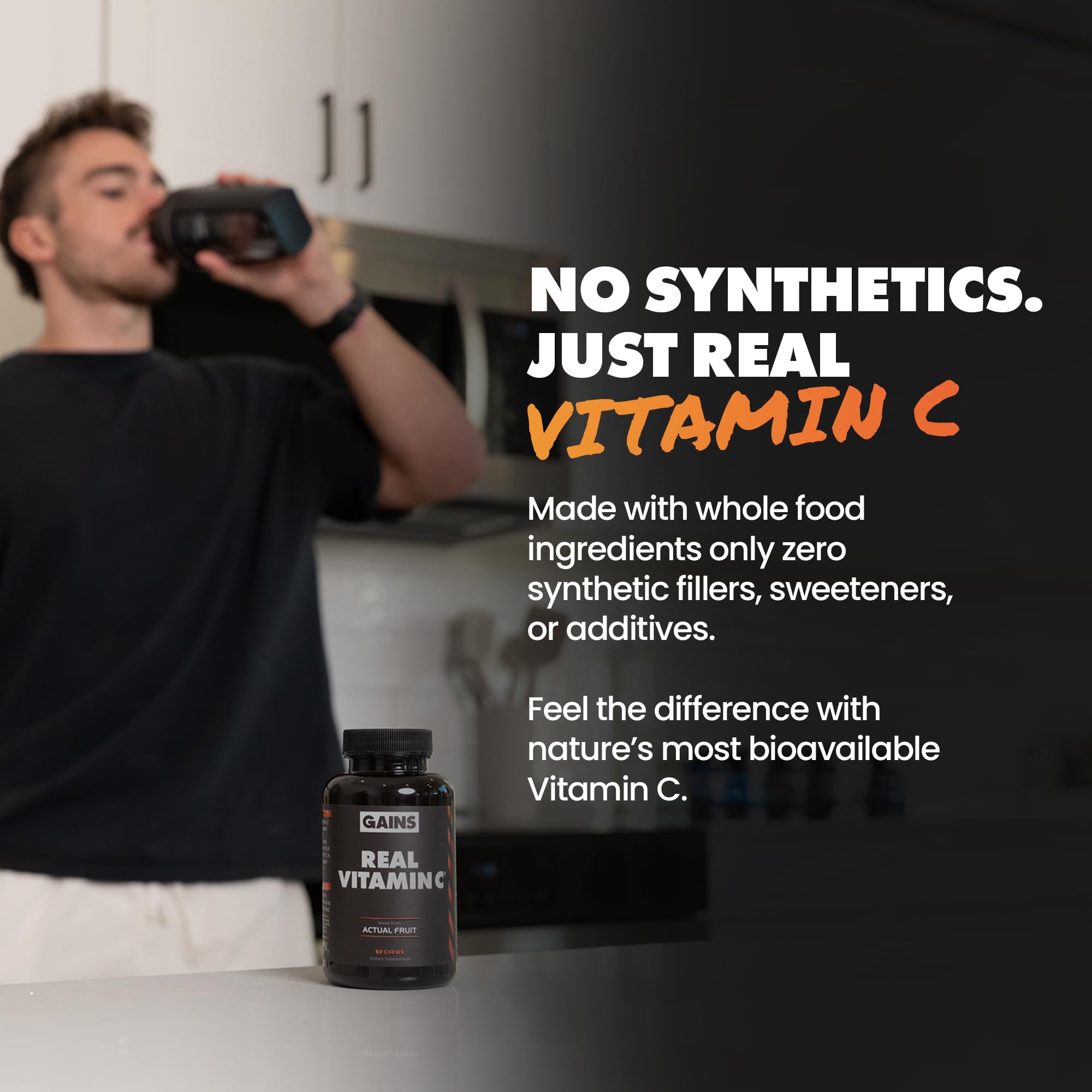 GAINS IN BULK Real Vitamin C chewable tablets closeup showing plant-based origin
