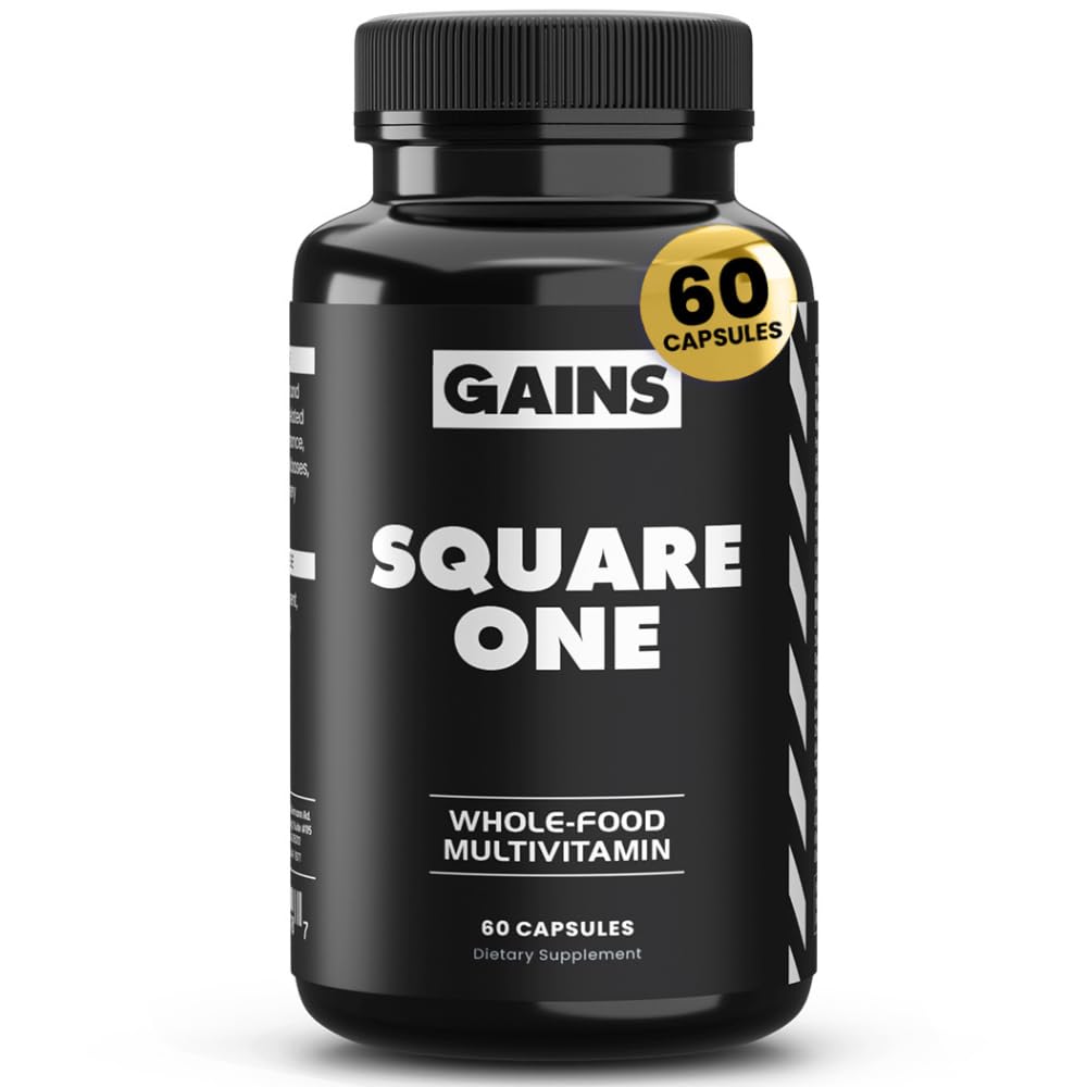 Gains in Bulk Square 1 bottle cap closeup highlighting secure seal for freshness.