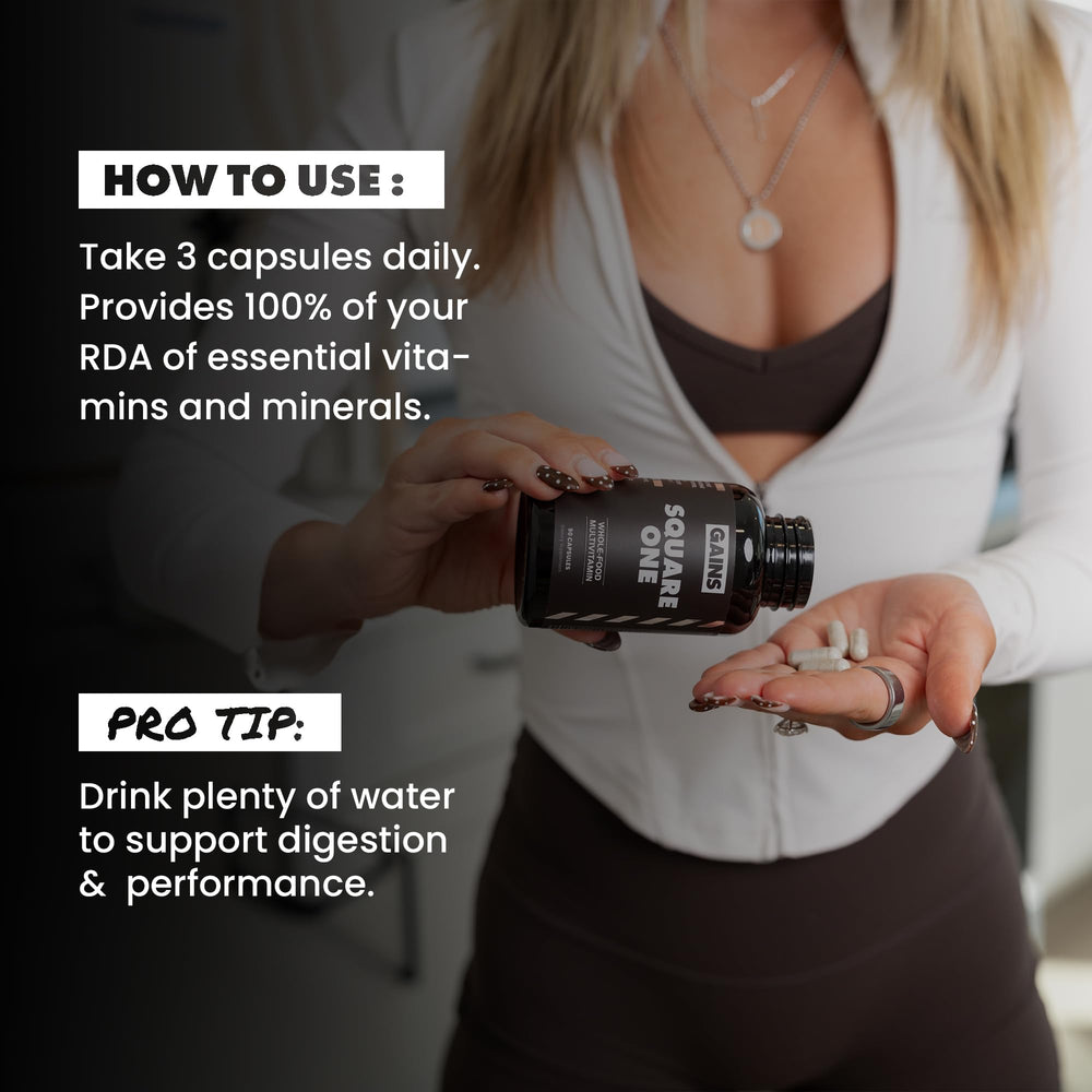 Gains in Bulk Square 1 digestive enzyme icon emphasizes optimized nutrient absorption.