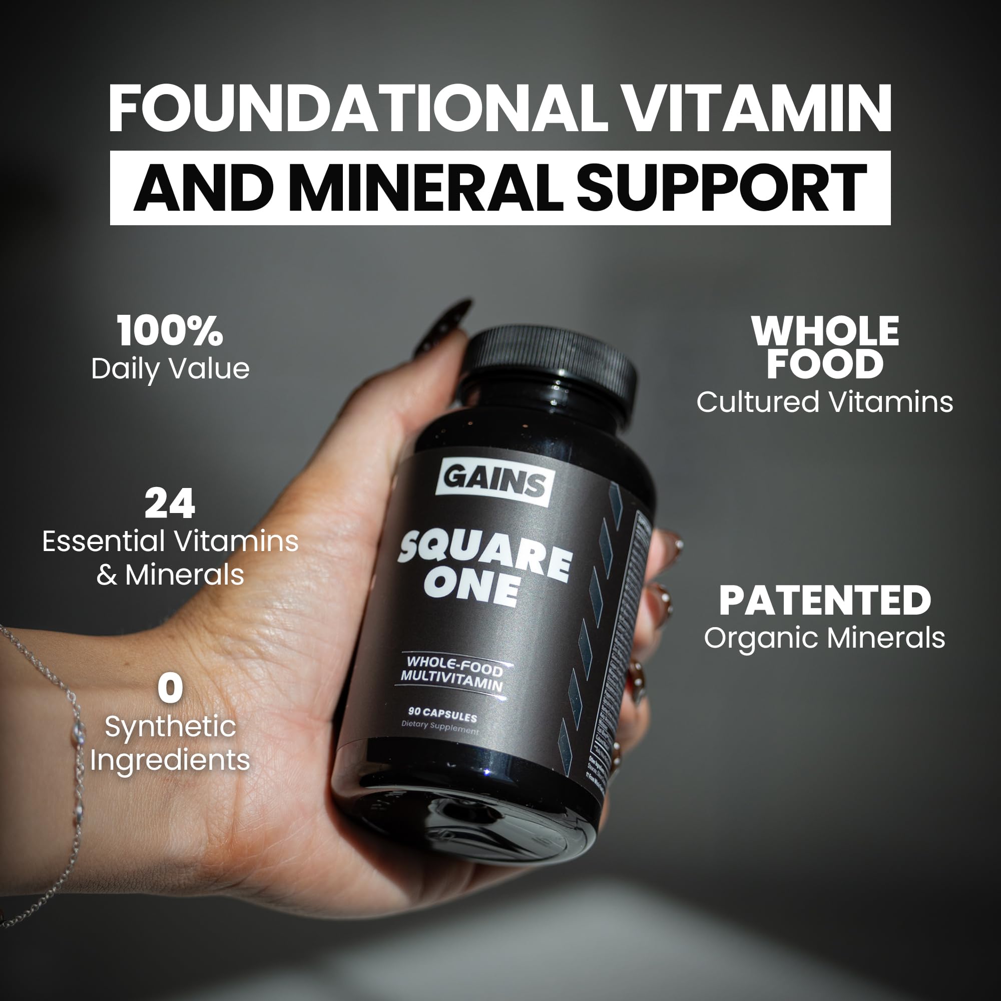 Gains in Bulk Square 1 foil packaging image emphasizing purity and third-party testing.