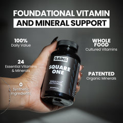 Gains in Bulk Square 1 foil packaging image emphasizing purity and third-party testing.