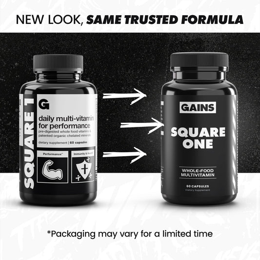 Gains in Bulk Square 1 pill inside view showing convenient daily capsule.