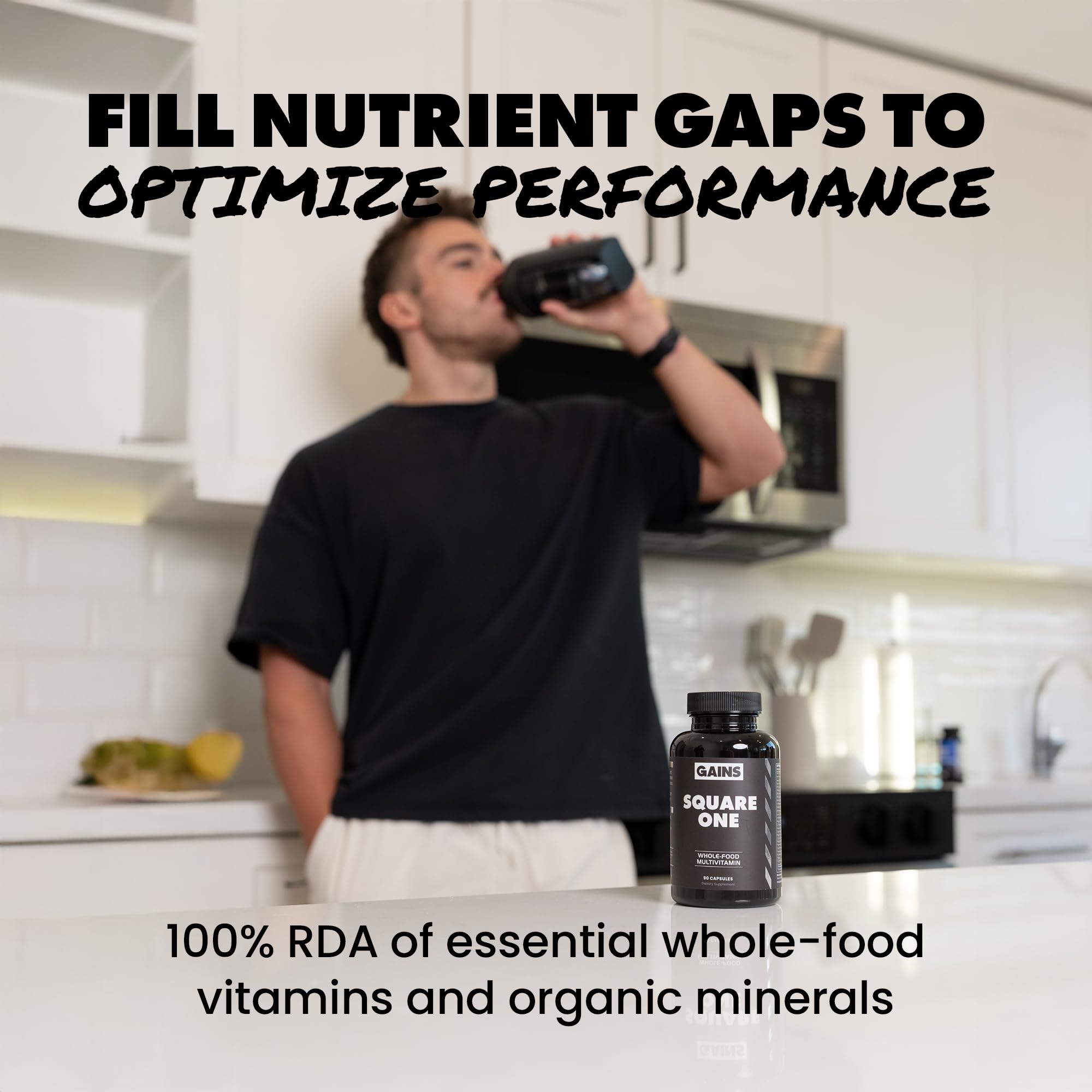 Gains in Bulk Square 1 tablet on a morning countertop for routine use.