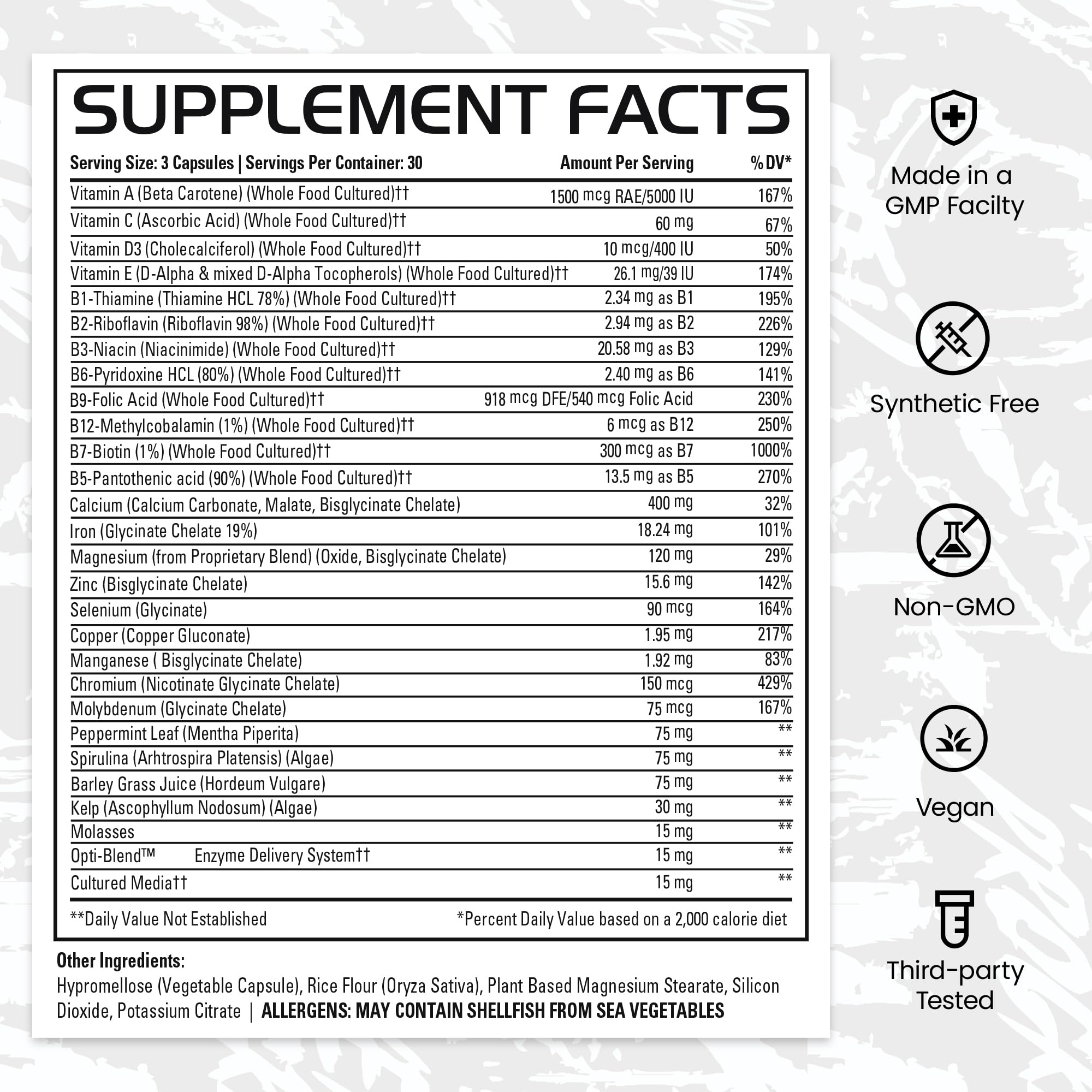 Gains in Bulk Square 1 vitamins panel photo highlights balanced daily nutrition from organic minerals.