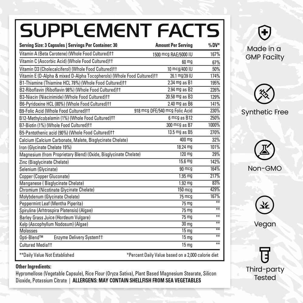 Gains in Bulk Square 1 vitamins panel photo highlights balanced daily nutrition from organic minerals.