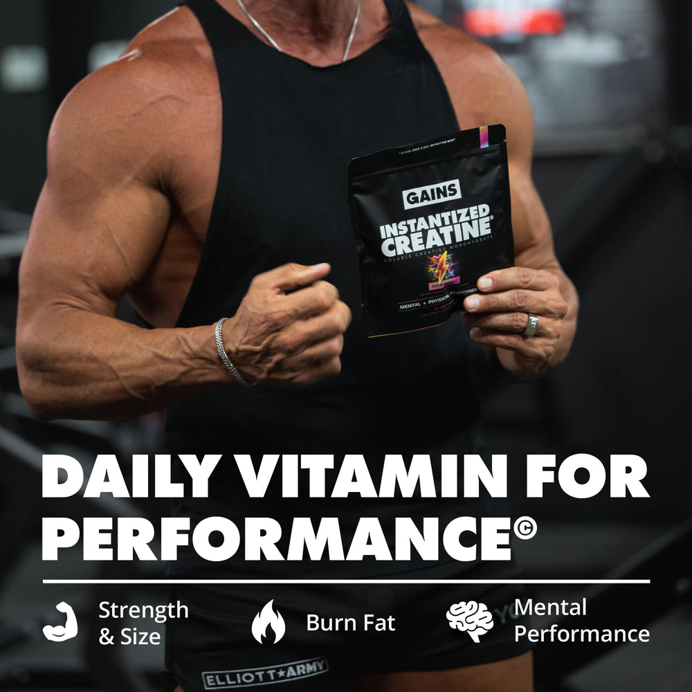 GAINS IN BULK strength and endurance powder with pre measured scoop for easy dosing.