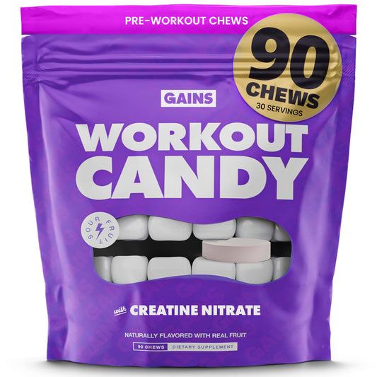 Gains in Bulk Workout Candy bottle with sour fruit flavor for workouts
