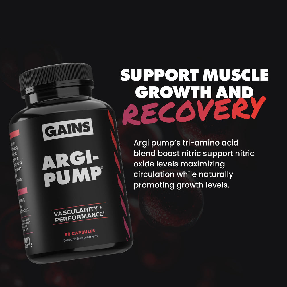 GAINS IN BULK Argi-Pump capsules ready for pre-workout use and performance support.