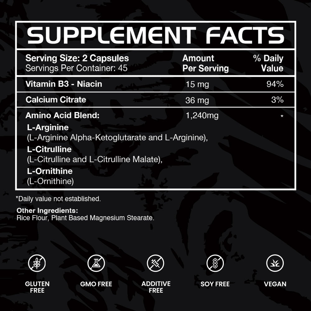 GAINS IN BULK Argi-Pump packaging box showcasing tri-amino blend benefits.