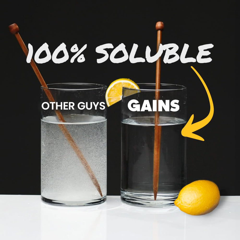 Gains in Bulk Zero-Bloat Formula powder mixes cleanly in water with no bloating