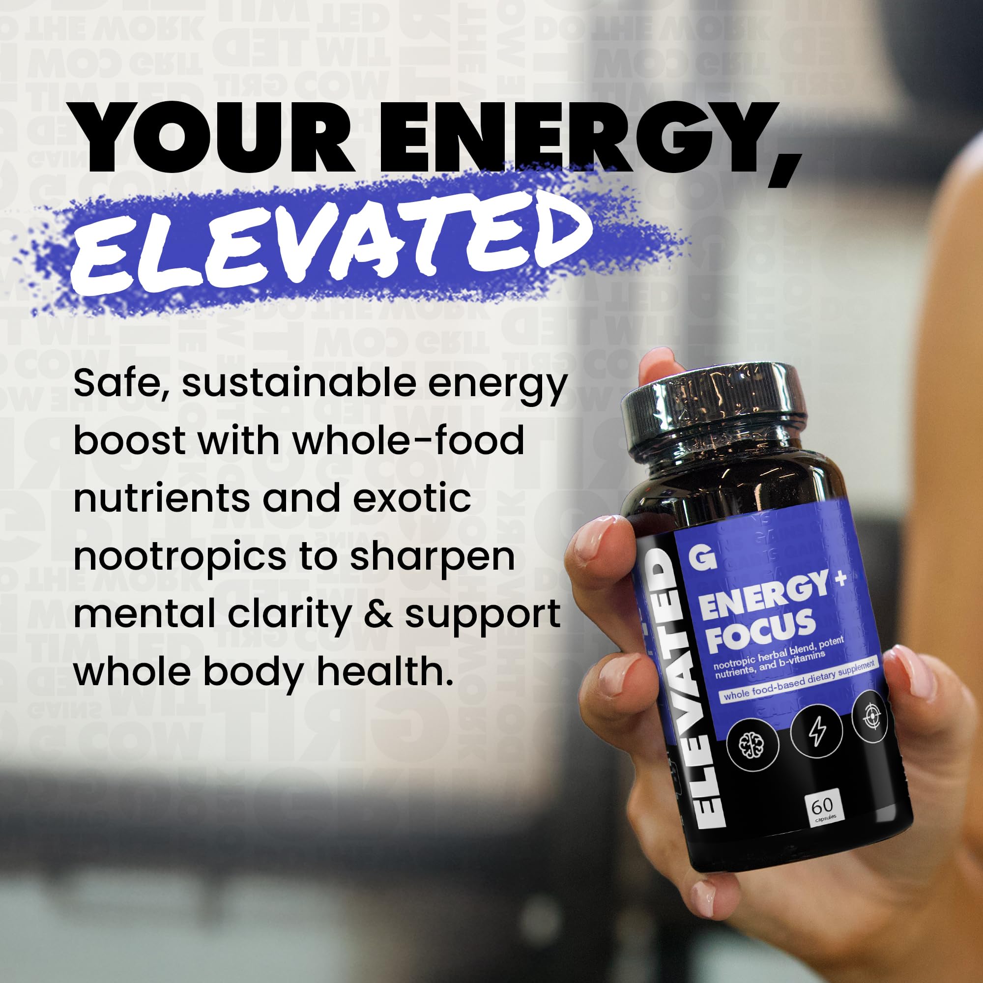 Gains in Bulk Elevated Nootropic capsules closeup highlights vegan energy capsules.