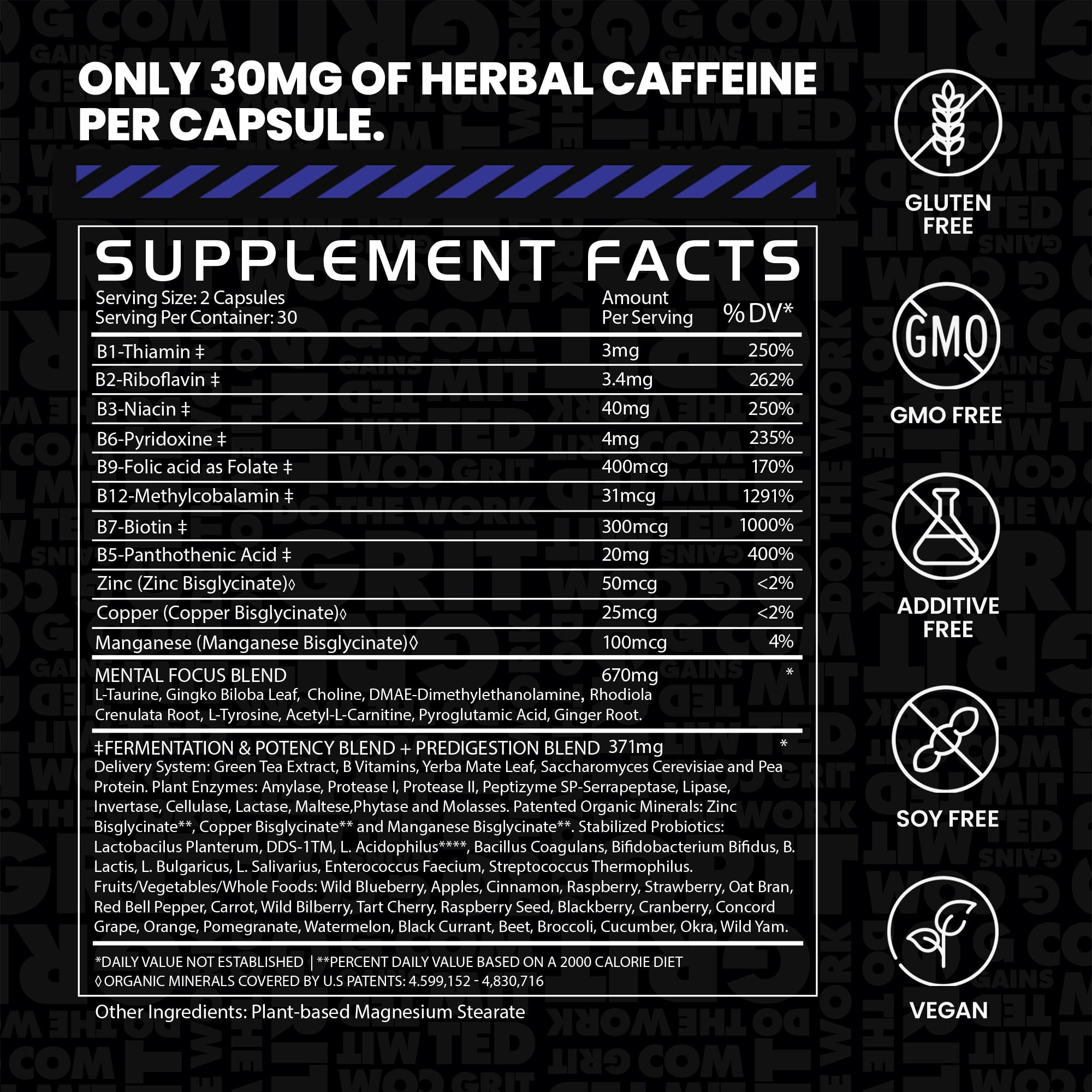 Gains in Bulk Elevated Nootropic packaging highlights plant enzymes aiding digestion.