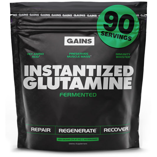 GAINS IN BULK L-Glutamine powder container shows gluten-free formula for muscle recovery