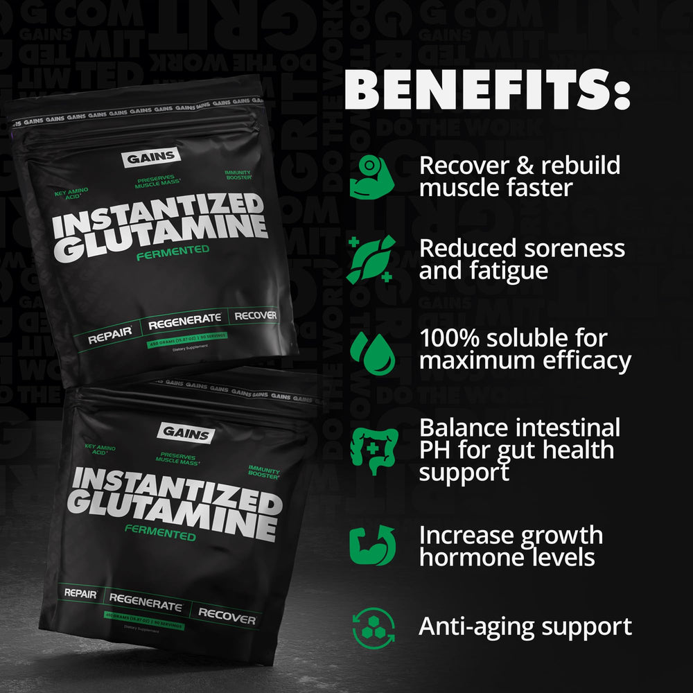 GAINS IN BULK L-Glutamine jar label highlights third-party tested purity