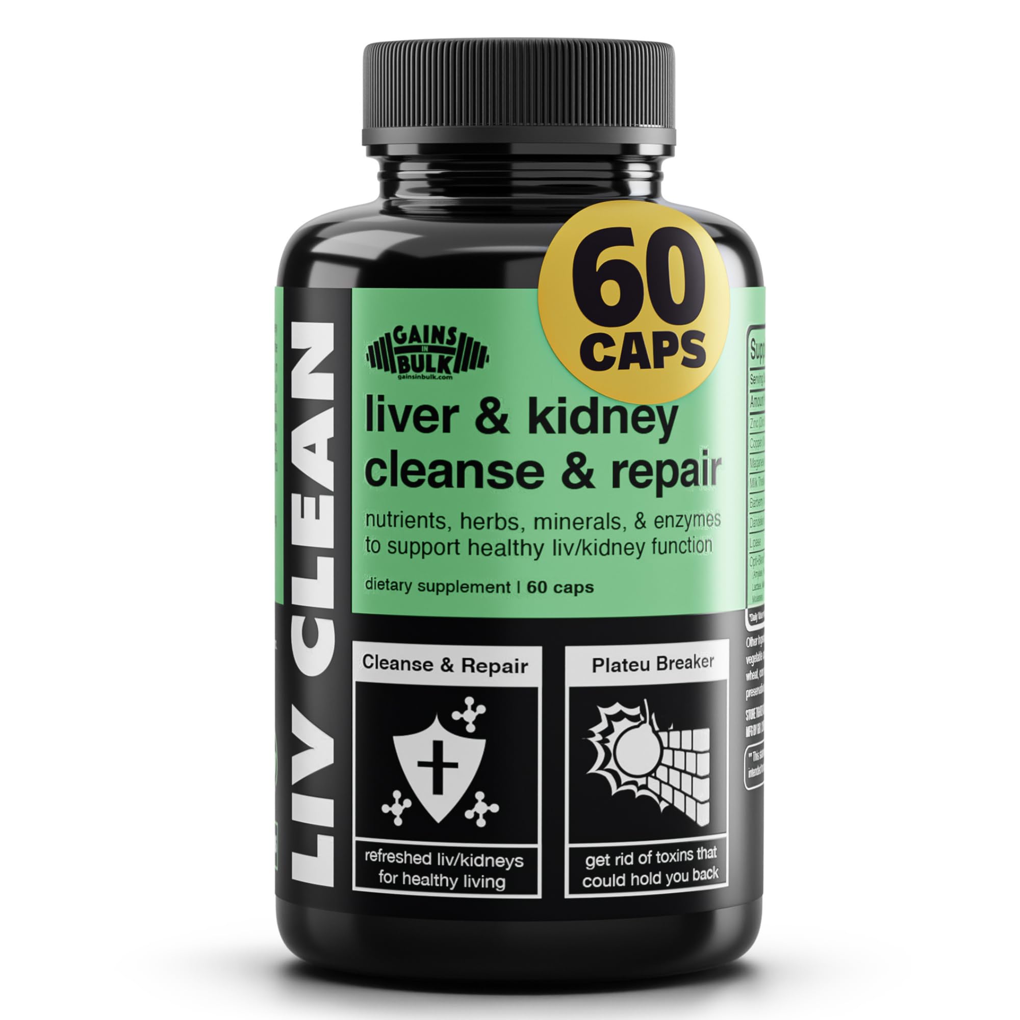 Gains in Bulk Liv Clean bottle with capsules supporting liver, kidney, and gallbladder health.