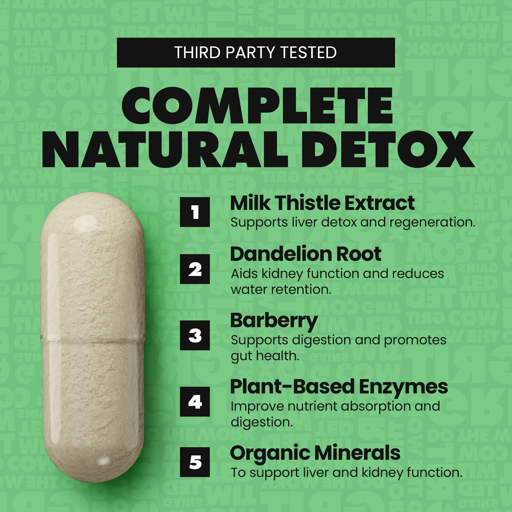 Gains in Bulk Liv Clean ingredients dandelion root supporting detoxification.