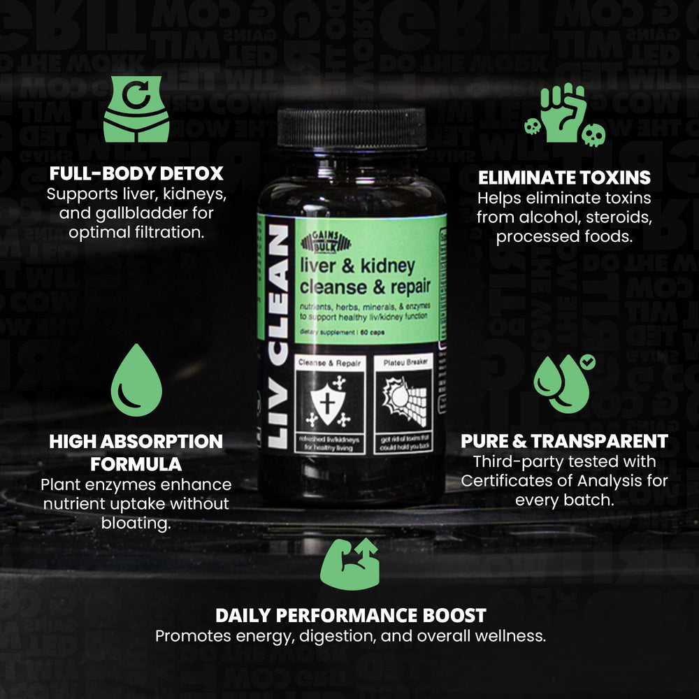 Gains in Bulk Liv Clean ingredients milk thistle supporting liver health.