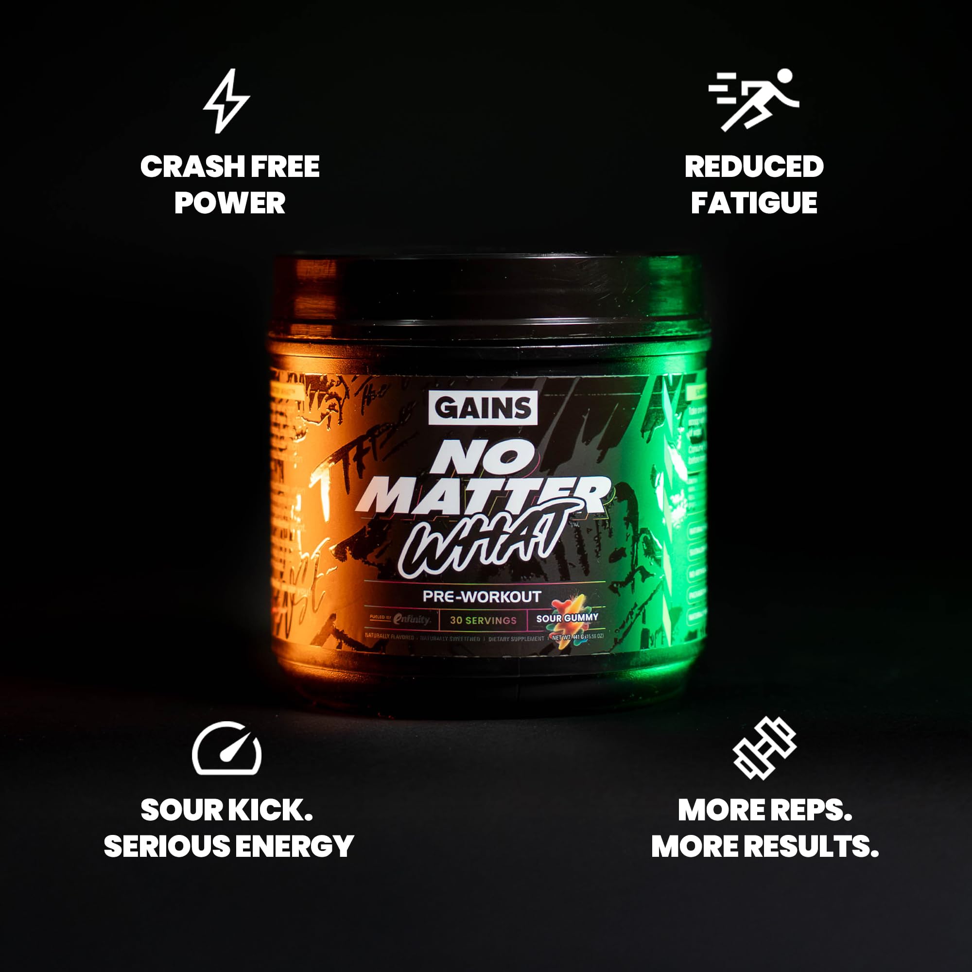 GAINS IN BULK No Matter What bottle label highlights clean energy ingredients.