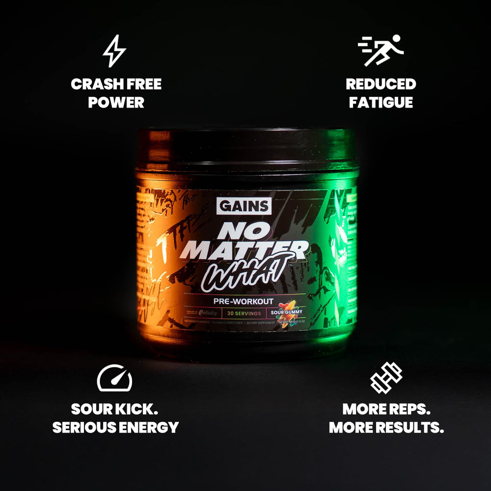 GAINS IN BULK No Matter What bottle label highlights clean energy ingredients.