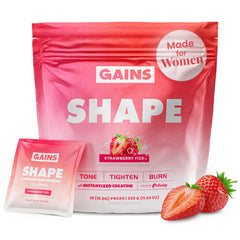GAINS IN BULK Shape strawberry fizz sachet for on-the-go workouts.