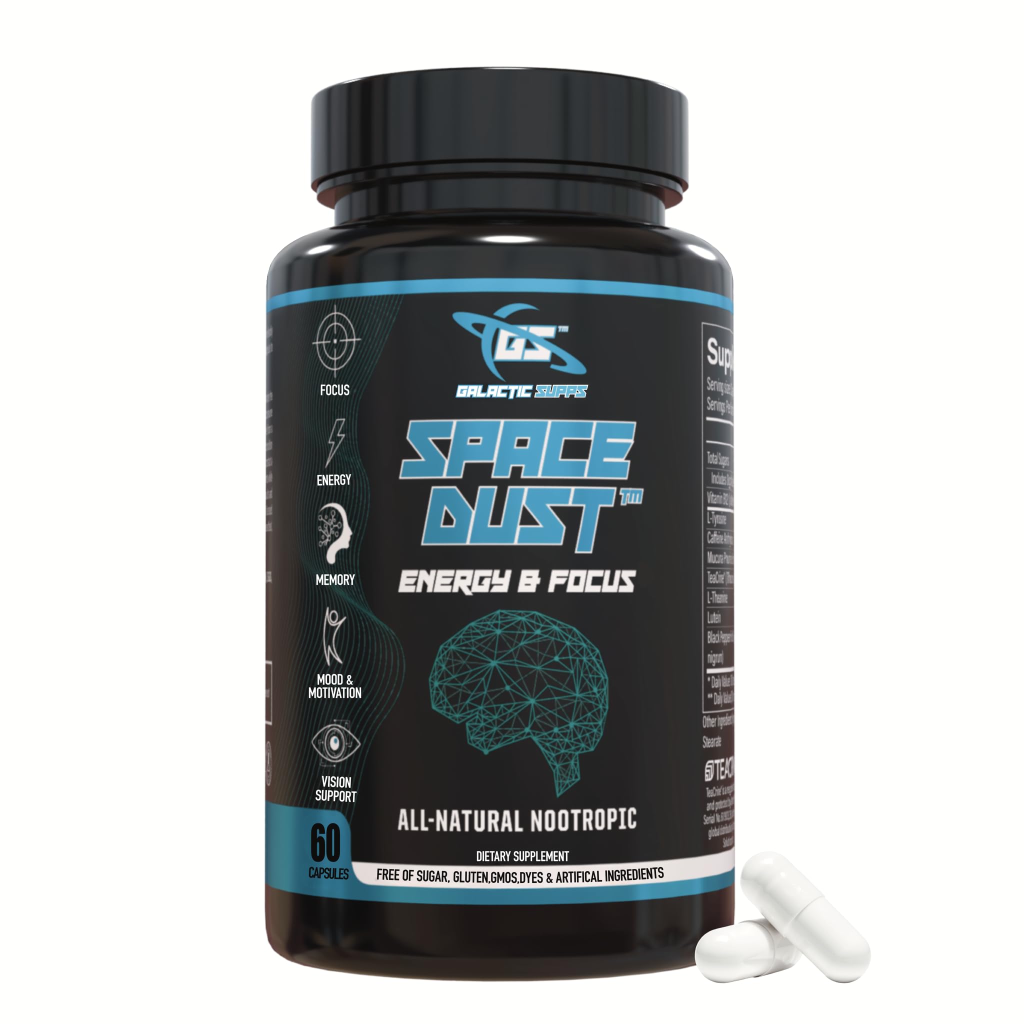 GALACTIC SUPPS Space Dust bottle front for focused energy during work and study.