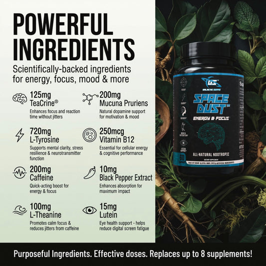 GALACTIC SUPPS Space Dust capsules closeup for clean energy and focus.