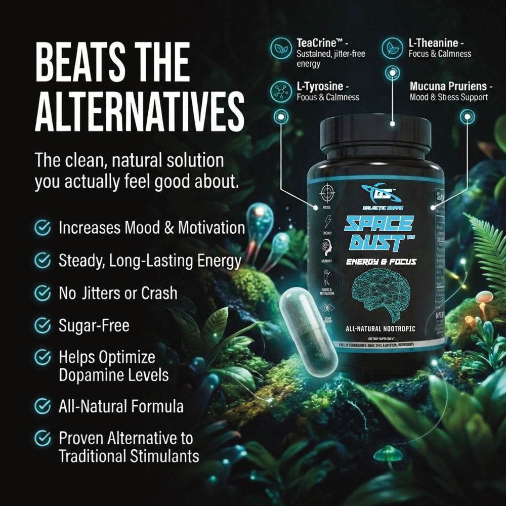 GALACTIC SUPPS Space Dust daily-use bottle on desk for gaming and work.