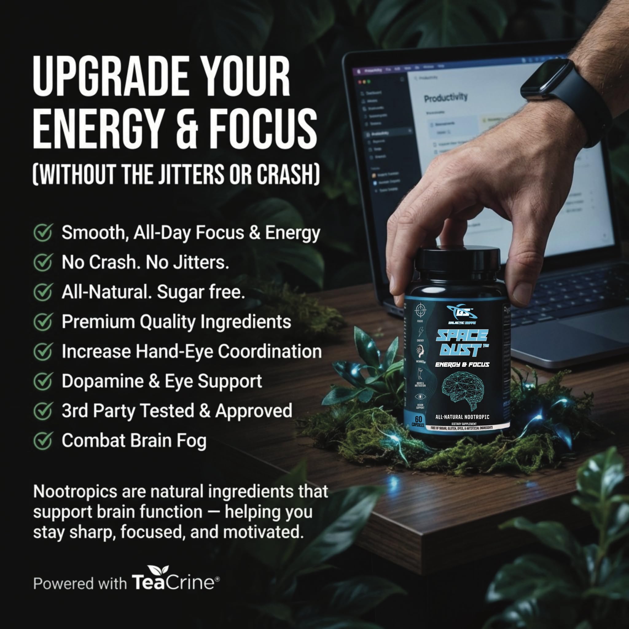 GALACTIC SUPPS Space Dust on desk during study for steady focus and motivation.