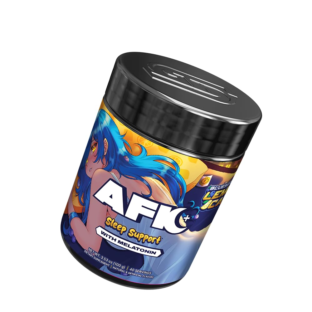 Gamer Supps AFK+ Blueberry Lemon Cake tub label highlights magnesium and melatonin blend.