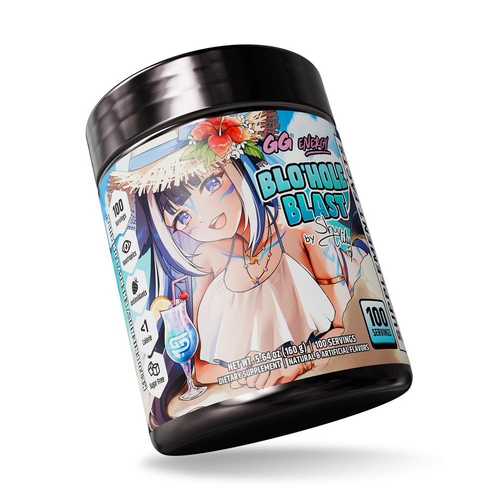 Tub of GG Blohole Blast showing 100 servings and no fillers for steady energy.