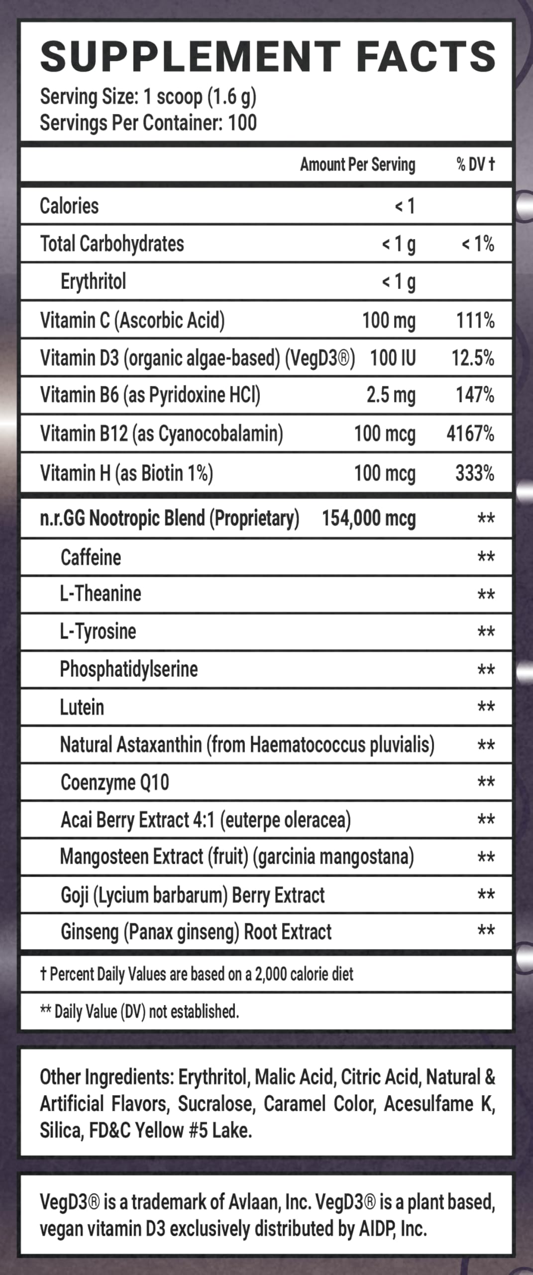 Gamer Supps GG Crusaderade mango tea ingredients panel highlighting vitamins and nootropic blend.