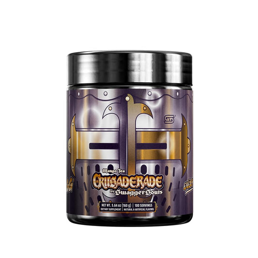 Gamer Supps GG Crusaderade mango tea powder tub offering flavorful energy boost for gaming sessions.