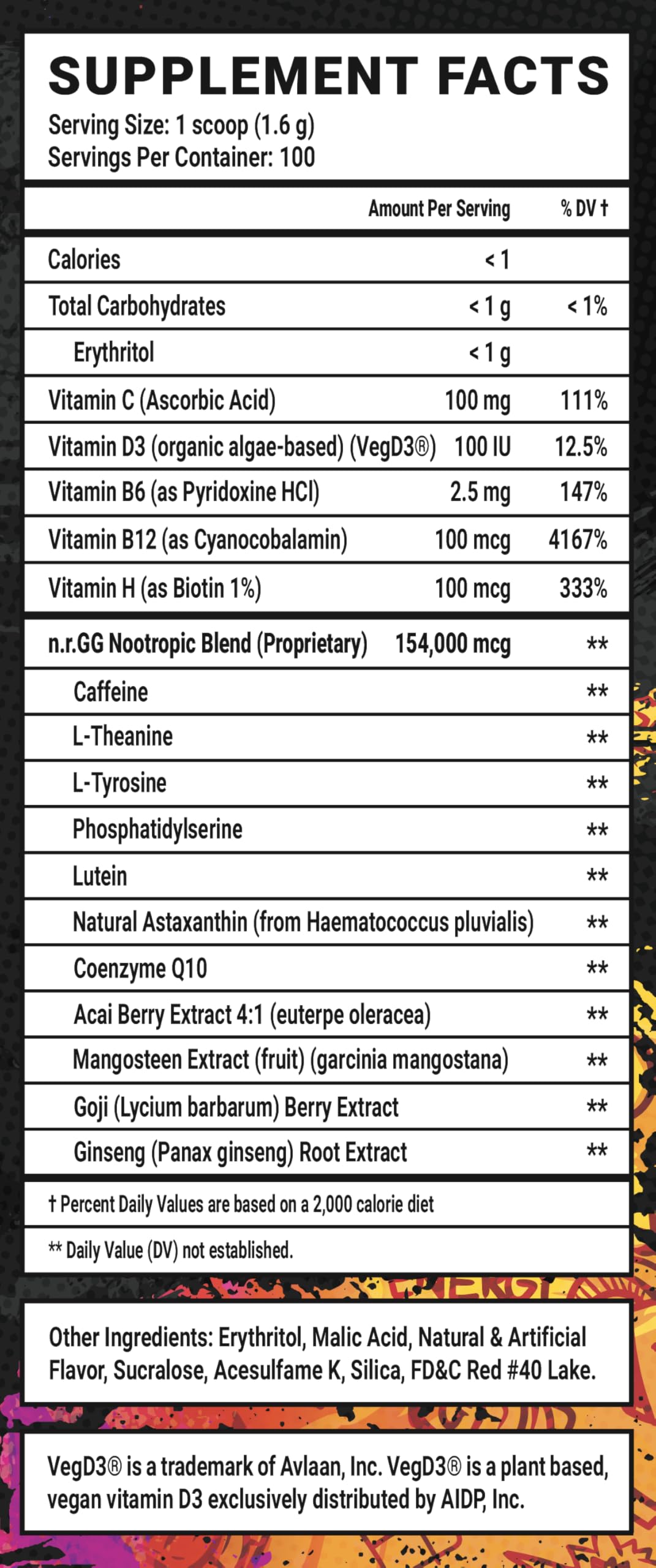 Gamer Supps GG Energy Dragonfruit Punch label close-up highlighting zero sugar and flavor.