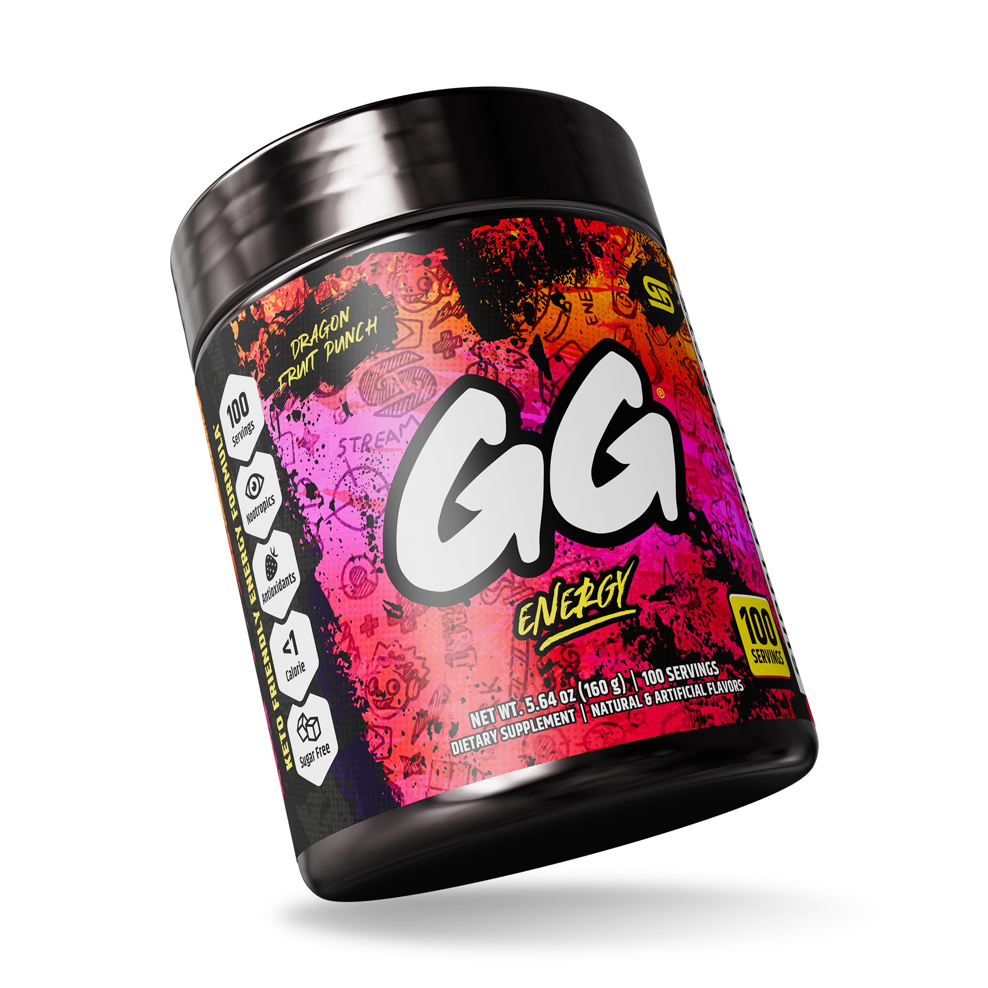 Gamer Supps GG Energy Dragonfruit Punch mixing with water during gaming session for steady energy.