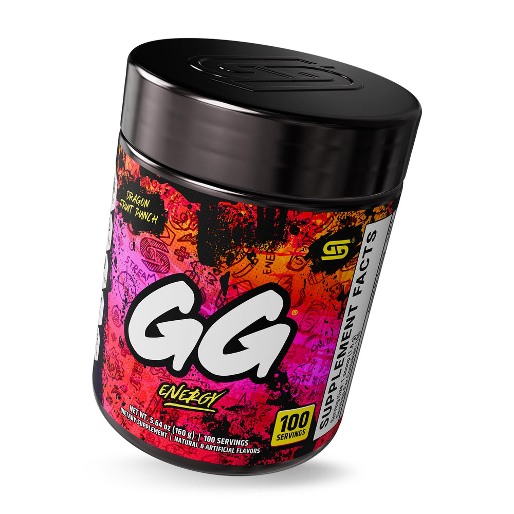 Gamer Supps GG Energy Dragonfruit Punch powder being scooped for 100 servings.