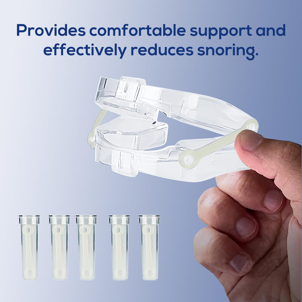Ganberdey Anti-Snore Mouthguard+ in use, guiding jaw position for potential snore reduction.