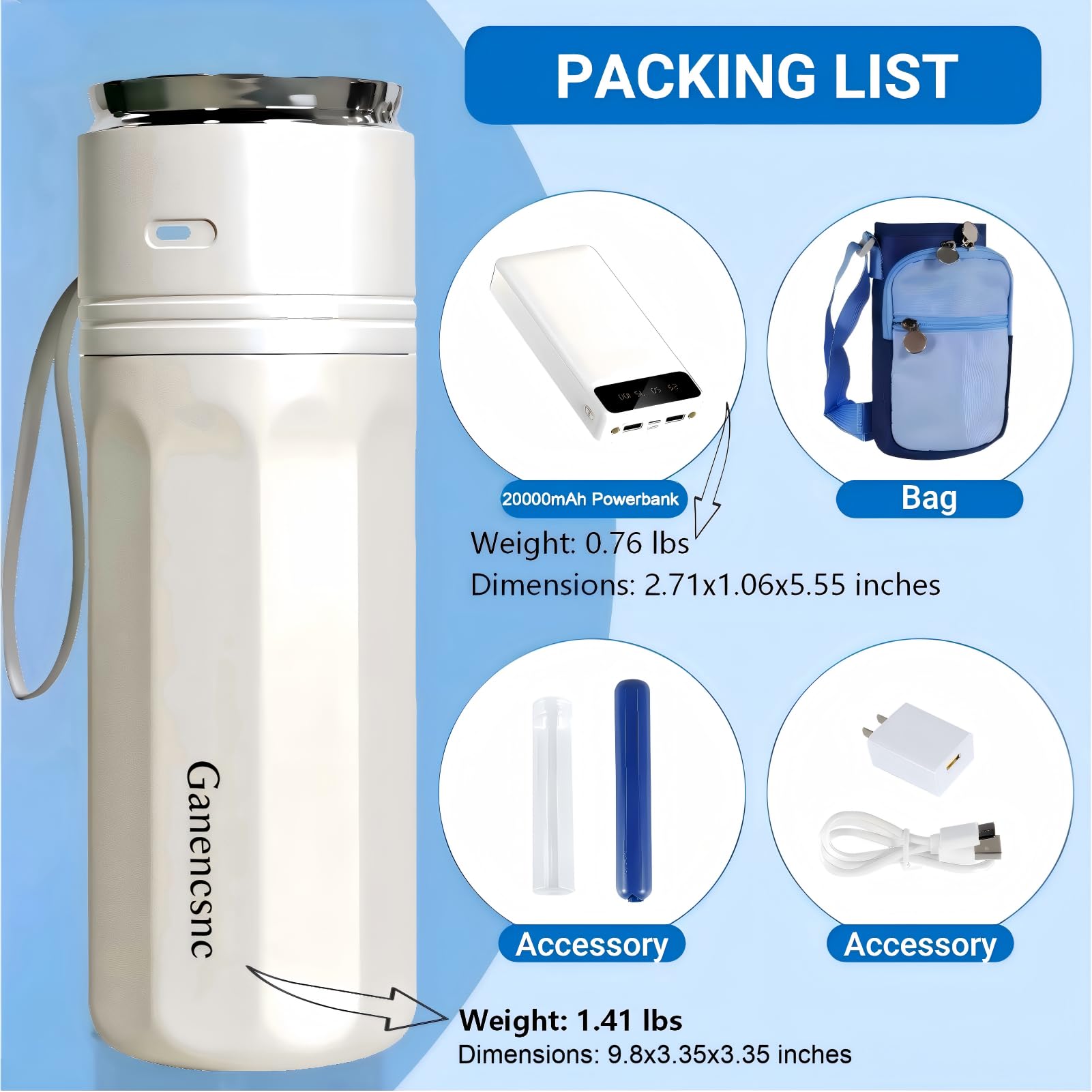 Ganencsnc includes 20000mAh power bank for extended cooling on trips.