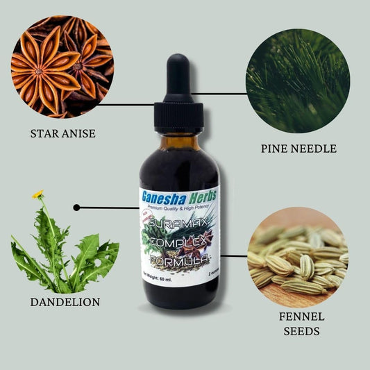 Ganesha Herbs SURAMAX pine needle tincture dropper for convenient daily use.