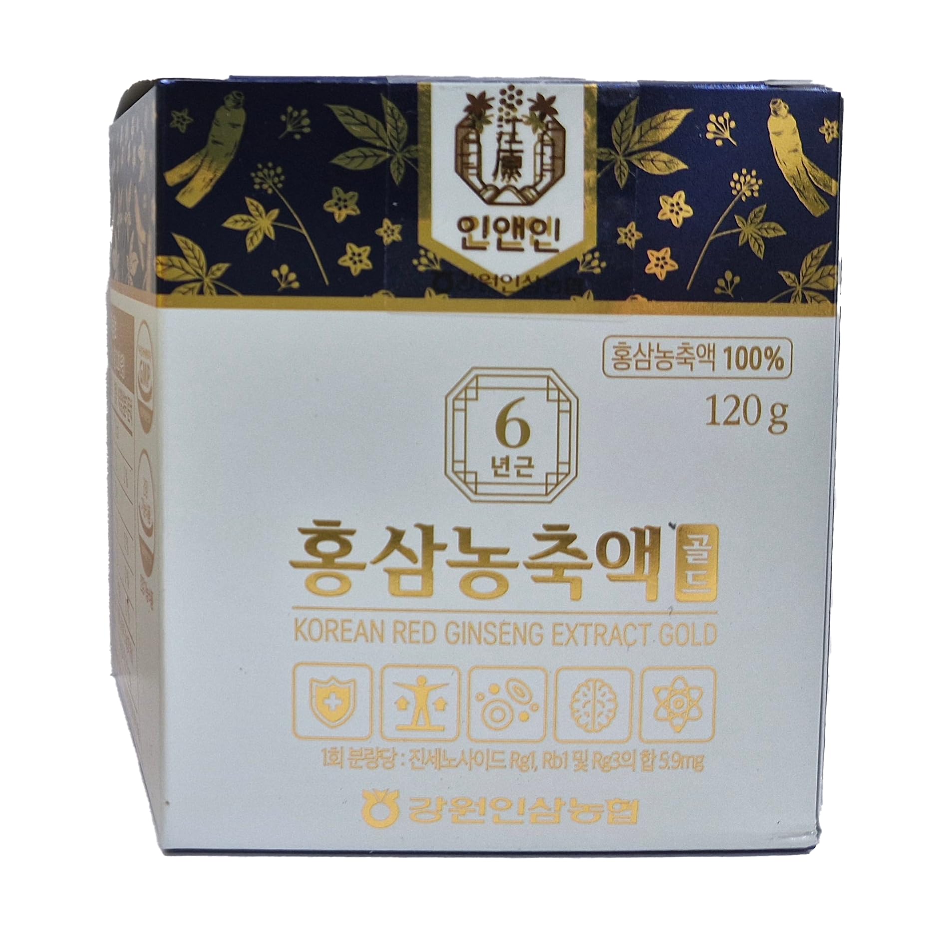Gangwoninsam Korean Red Ginseng Extract Gold bottle label front showcasing 6-year root concentrate for daily wellness.